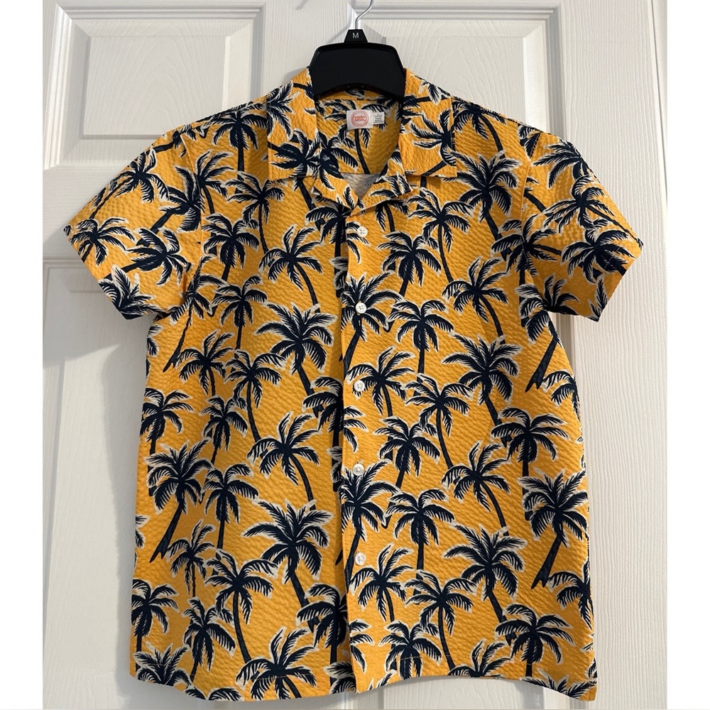 Boy’s Yellow Short Sleeve Shirt with Navy Palm Tree Print